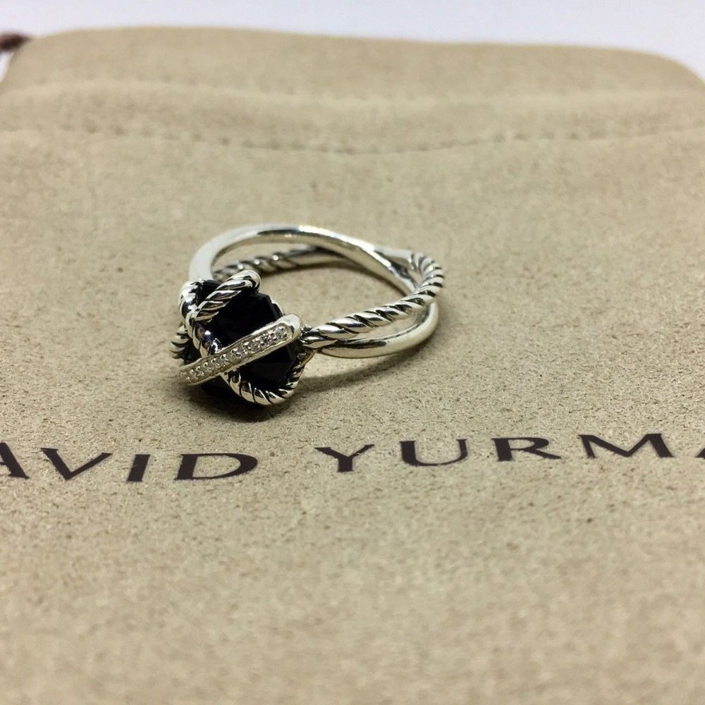David Yurman Sterling Silver Cable Wrap Black Onyx and Diamond Ring Size 7